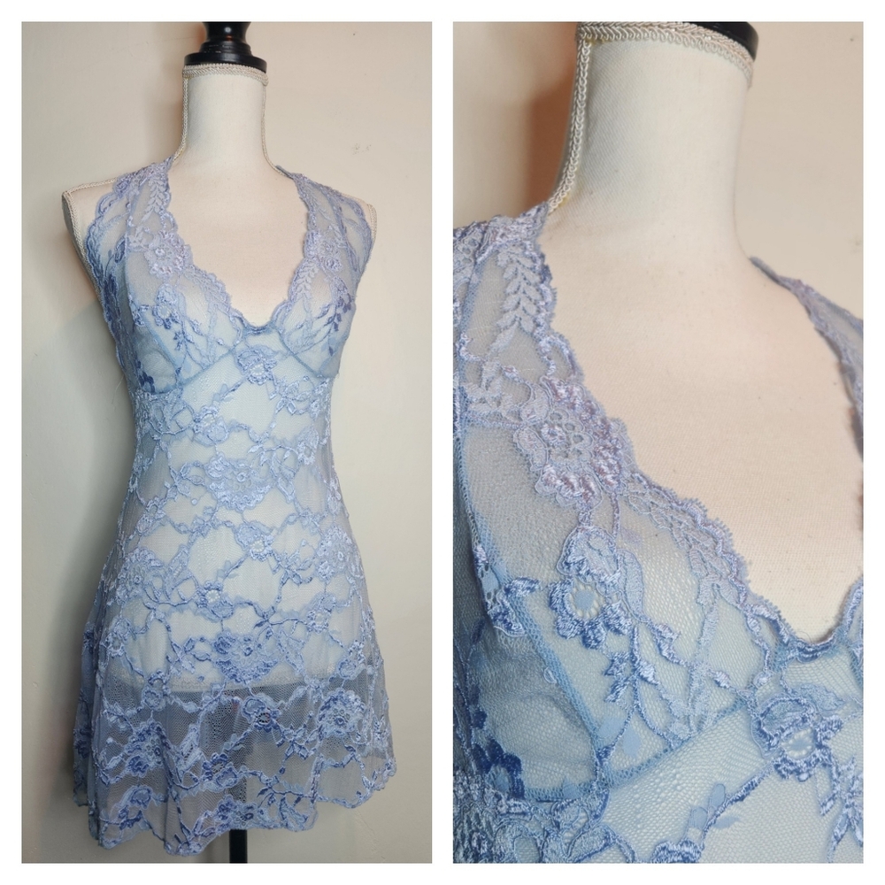 Victoria's Secret Baby Blue Sheer Lace Halter Babydoll Mini Sleep Dress | Large